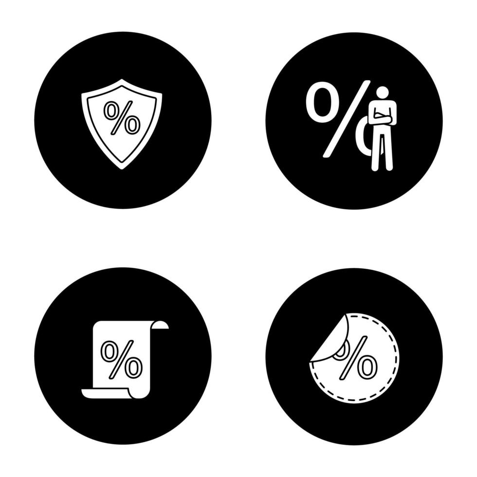 ensemble d'icônes de glyphe de pourcentages. investissement sûr, homme d'affaires, document financier, vente. illustrations de silhouettes blanches vectorielles dans les cercles noirs vecteur