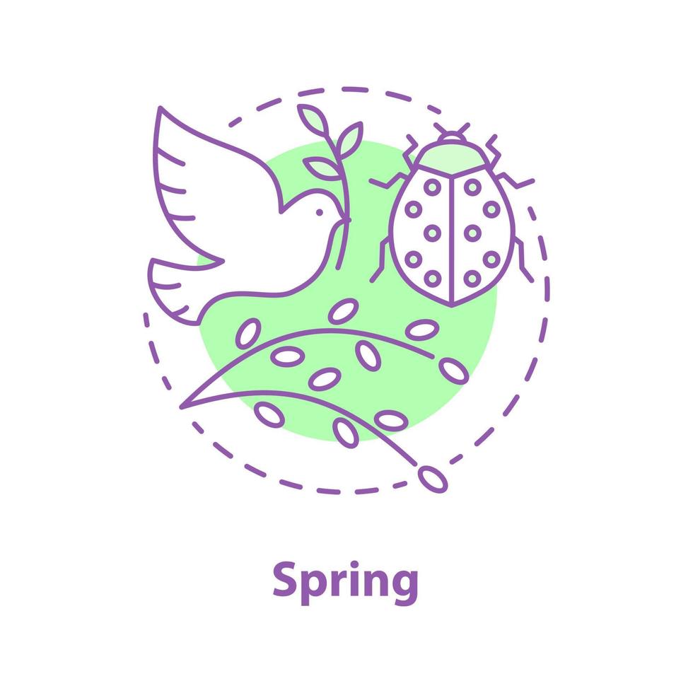 icône de concept de saison de printemps. idée nature illustration ligne mince. environnement. branche de saule, coccinelle, colombe. dessin de contour isolé de vecteur