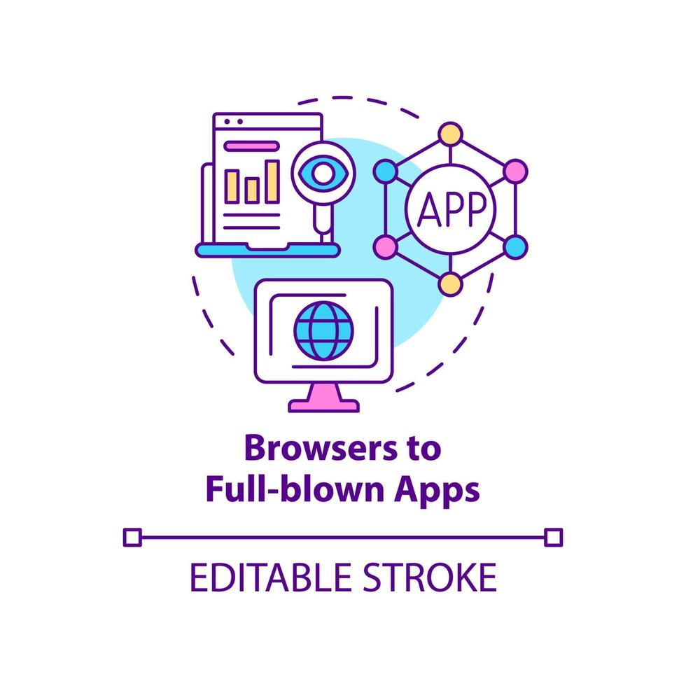 navigateurs à l'icône de concept d'applications à part entière. développement de logiciels. tech macro tendances idée abstraite illustration fine ligne. dessin de contour isolé. trait modifiable vecteur