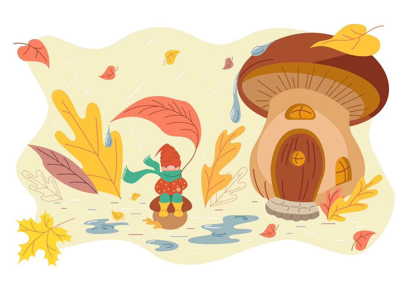petit gnome et une maison aux champignons, l'automne, le temps pluvieux et les feuilles jaunes tombent. illustration de stock de vecteur. vecteur