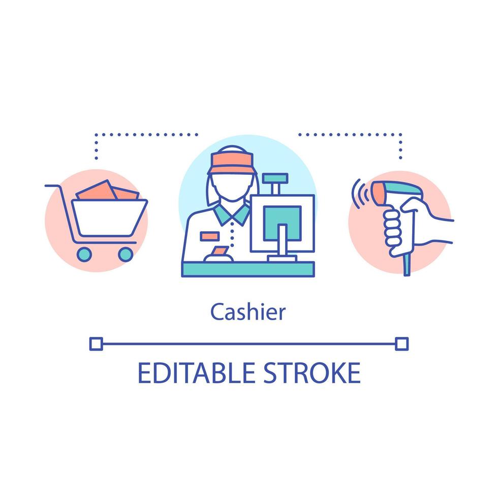 icône de concept de caissier. illustration de la ligne mince de l'idée du personnel du magasin de détail. opérateur de caisse. vendeuse en magasin. vendeuse derrière la caisse enregistreuse. dessin de contour isolé de vecteur. trait modifiable vecteur