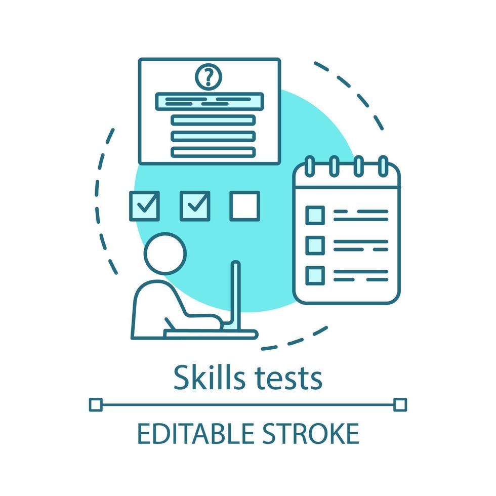 tests de compétences icône de concept turquoise. Idée de test d'entretien d'embauche préalable à l'emploi, illustration en ligne mince. demande d'emploi, remplissant le dessin isolé de vecteur de questionnaire. développement de carrière. trait modifiable