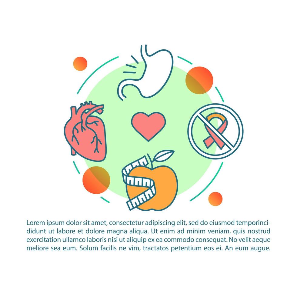modèle de vecteur de page d'article de régime et de soins de santé. brochure sur les avantages végétaliens, magazine, élément de conception de livret avec icônes linéaires et zones de texte. design d'impression. illustrations de concept avec espace de texte