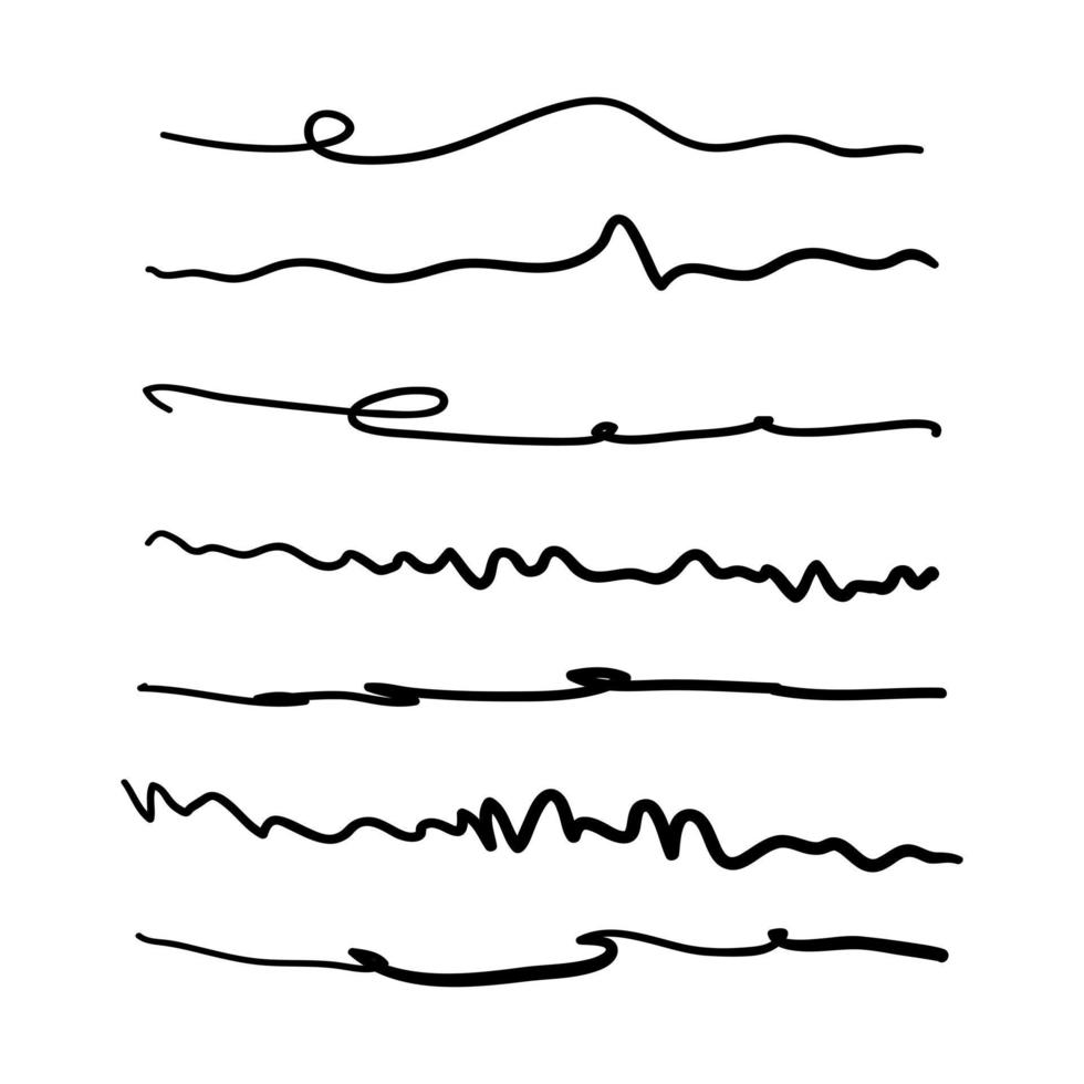 ensemble de soulignements dessinés à la main. ligne horizontale ondulée. élément de design graffiti isolé sur blanc. illustration vectorielle, eps 10. vecteur