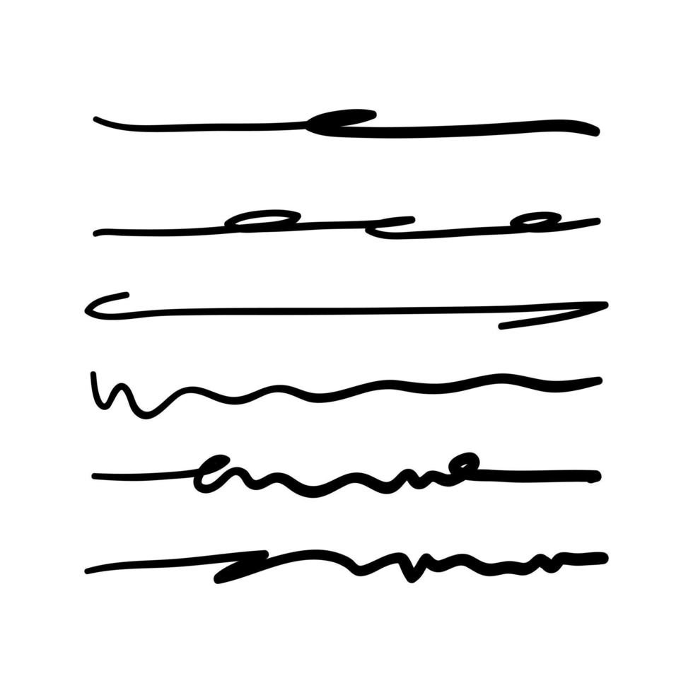 ensemble de soulignements dessinés à la main. ligne horizontale ondulée. élément de design graffiti isolé sur blanc. illustration vectorielle, eps 10. vecteur