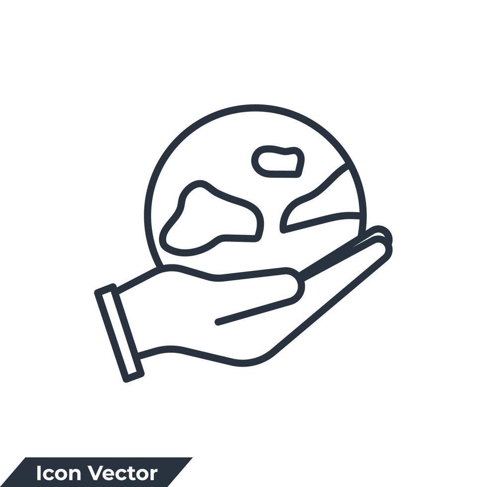 Sécurisez l'illustration vectorielle du logo de l'icône de la planète. mains tenant le modèle de symbole de boule de terre pour la collection de conception graphique et web vecteur