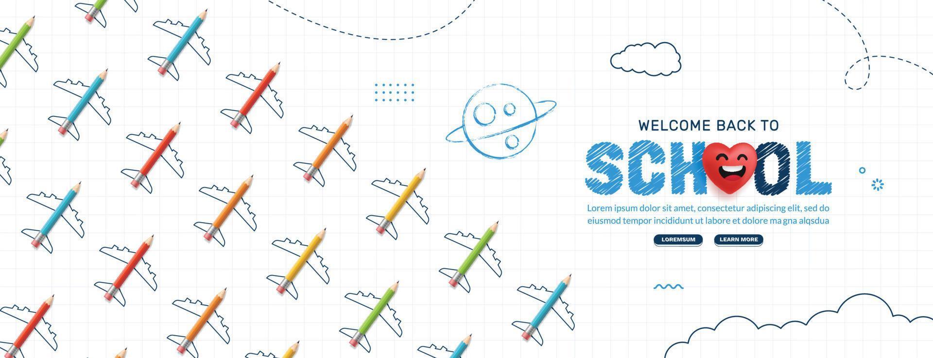 bannière horizontale de retour à l'école avec un avion au crayon de couleur. cours en ligne, modèle de page Web d'apprentissage et de didacticiels. concept d'éducation en ligne vecteur