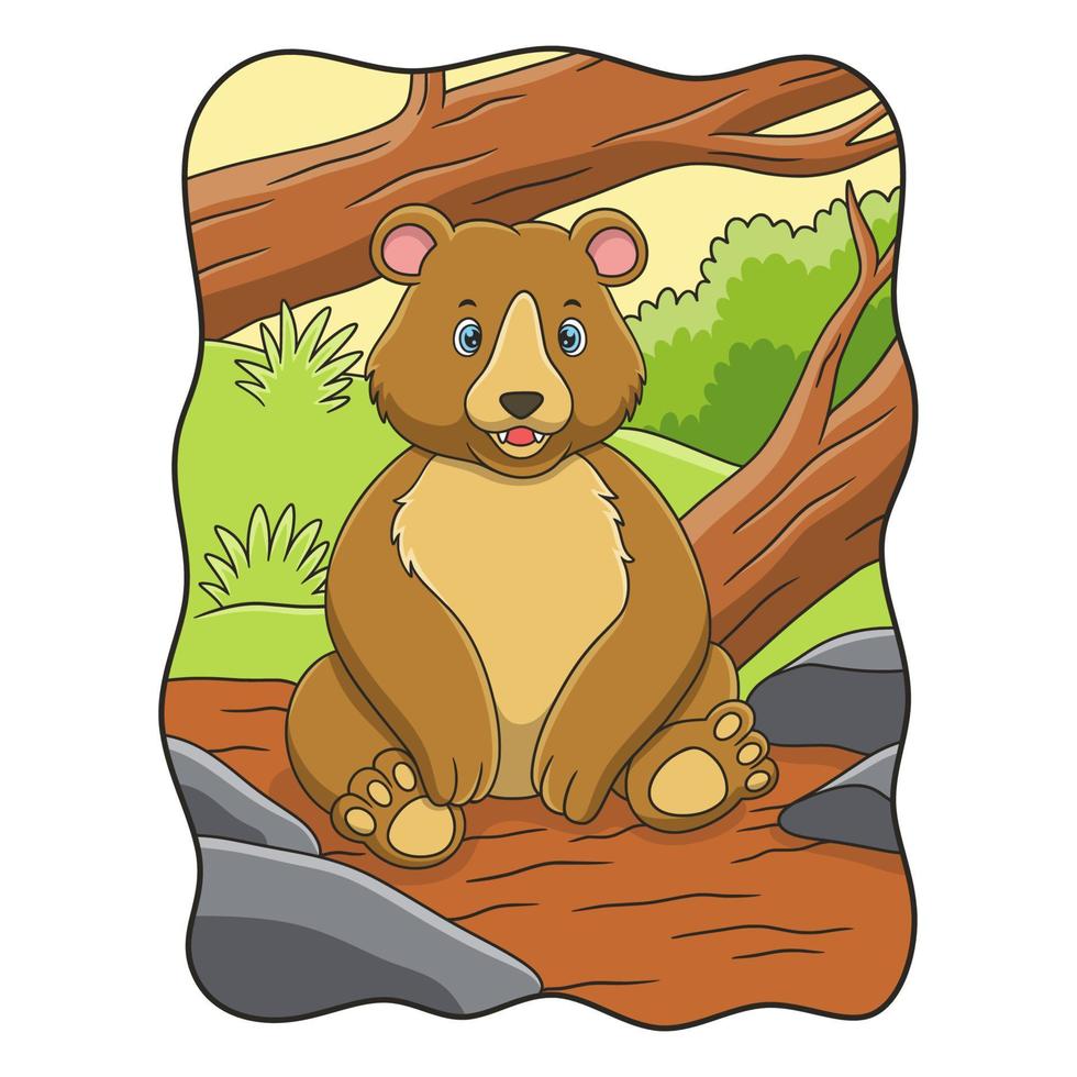 illustration de dessin animé l'ours est assis sous le tronc d'un grand arbre tombé au milieu de la forêt vecteur