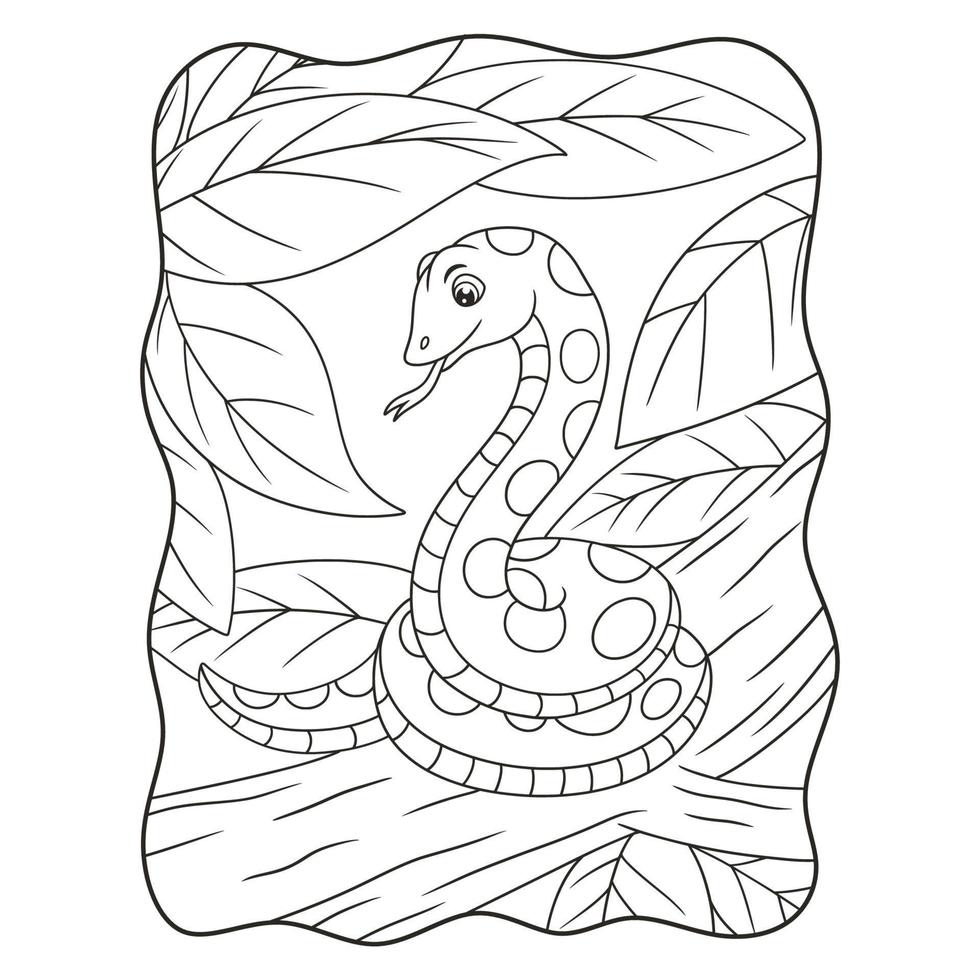 illustration de dessin animé un serpent se reposant sur un grand et grand arbre pour voir sa proie d'en haut livre ou page pour enfants en noir et blanc vecteur