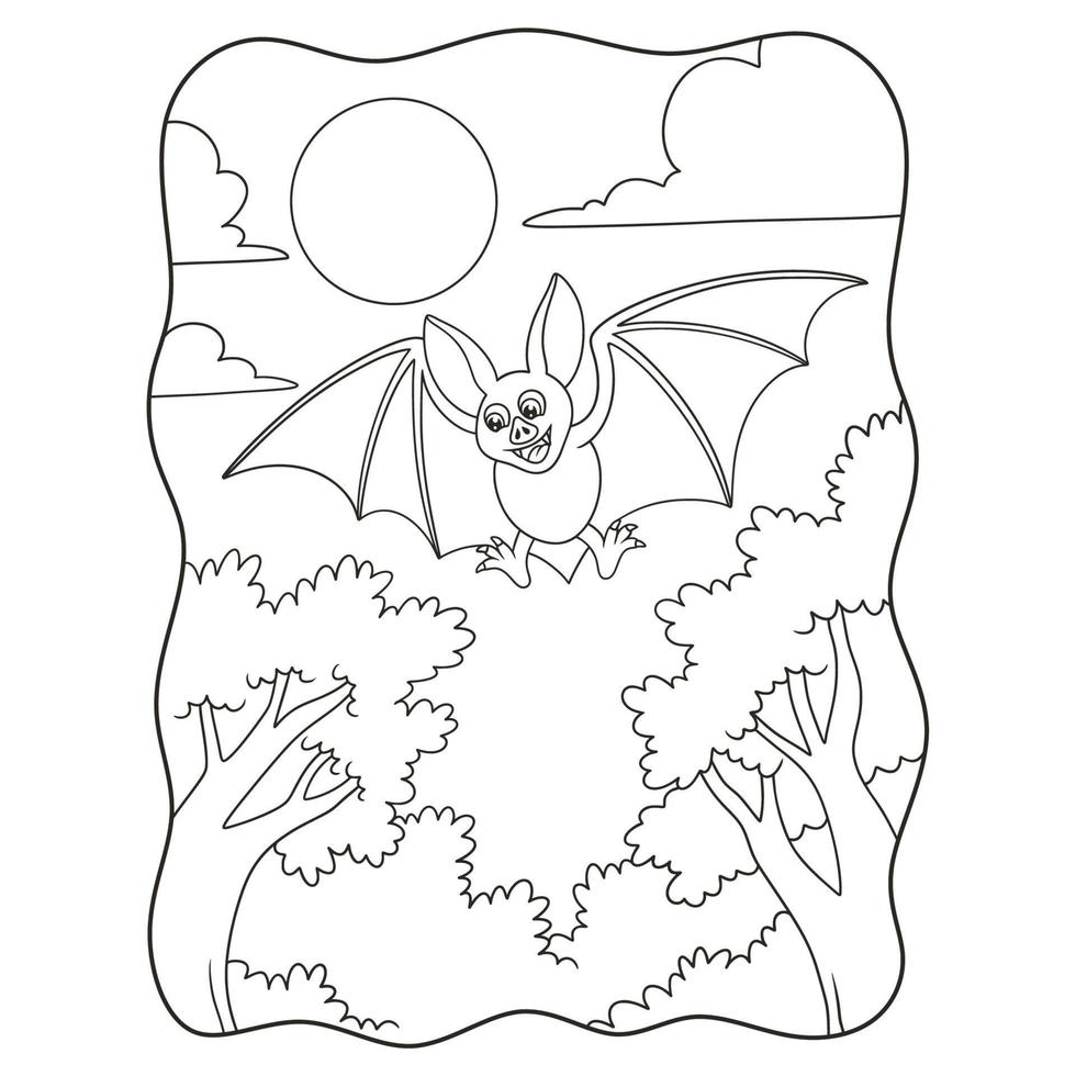 illustration de dessin animé une vue sous les chauves-souris volant la nuit dans la forêt avec la lune qui brille de mille feux livre ou page pour les enfants en noir et blanc vecteur