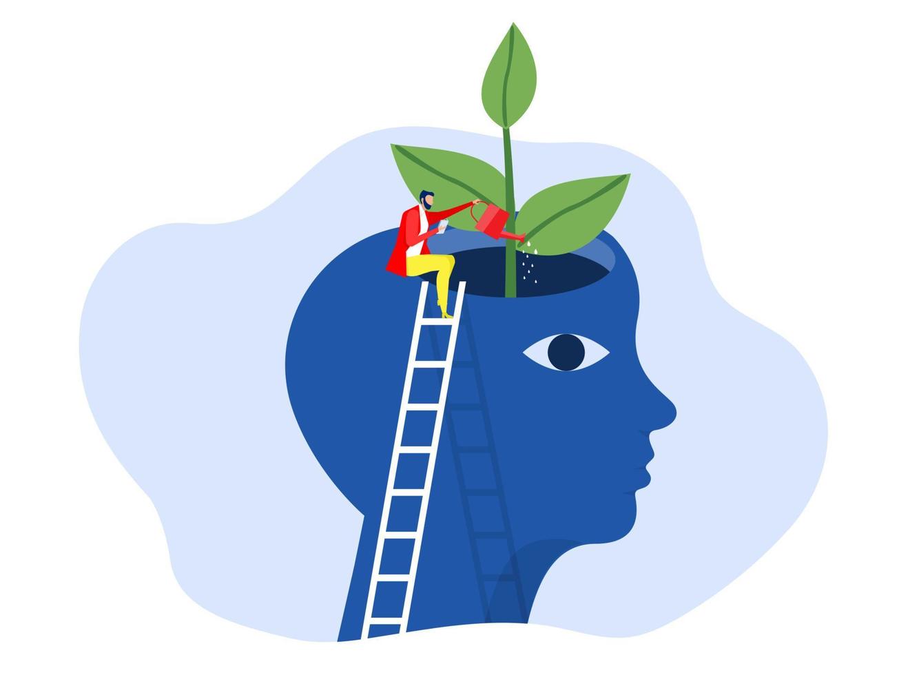 concept d'état d'esprit de croissance, personnes lisant un livre avec arrosage des plantes du cerveau en tant qu'idées de croissance de la personnalité, d'amélioration de soi et d'amélioration de soi illustrateur vectoriel plat