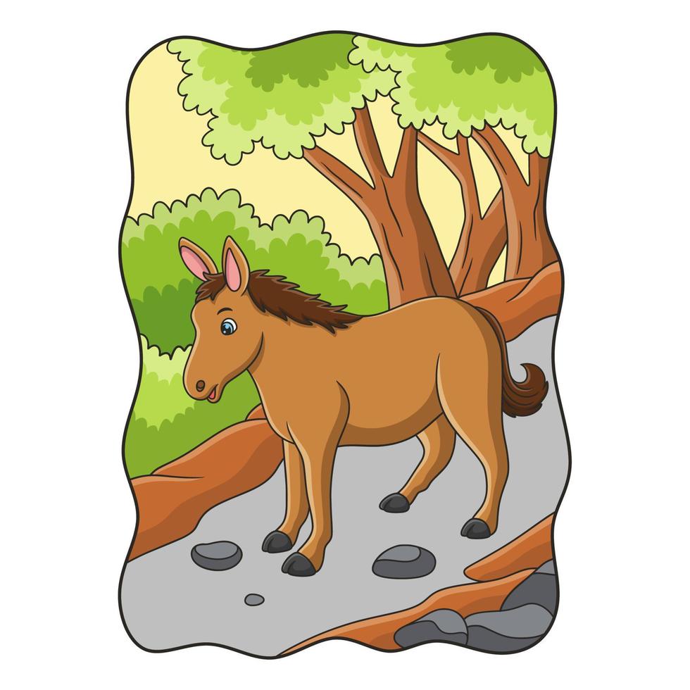 illustration de dessin animé un cheval qui marche à la recherche de nourriture au milieu de la forêt vecteur