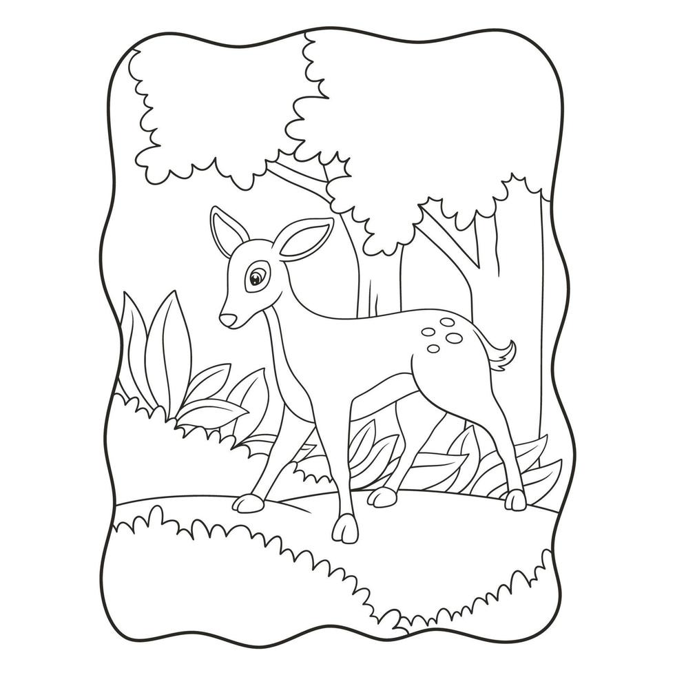 illustration de dessin animé cerf marchant pendant la journée dans la forêt à la recherche d'un livre de nourriture ou d'une page pour les enfants en noir et blanc vecteur