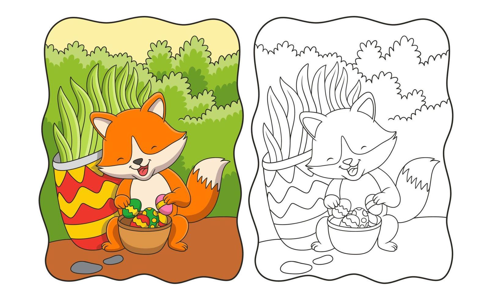 illustration de dessin animé un renard tenant un récipient d'oeufs colorés derrière un buisson dans le livre ou la page de la forêt pour les enfants vecteur