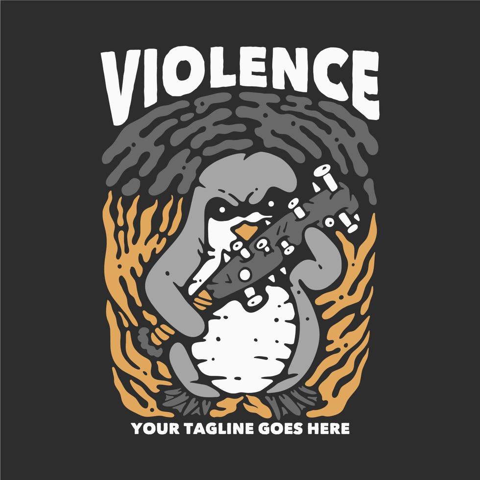 conception de t-shirt violence avec pingouin en colère tenant une batte de baseball avec illustration vintage de fond gris vecteur