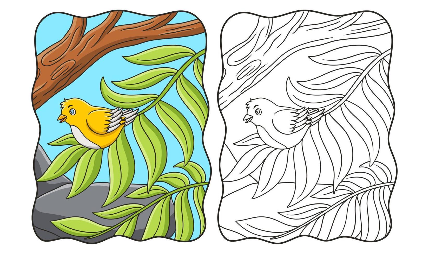 illustration de dessin animé un oiseau assis sur les feuilles d'un grand arbre haut au milieu de la forêt livre ou page pour les enfants vecteur
