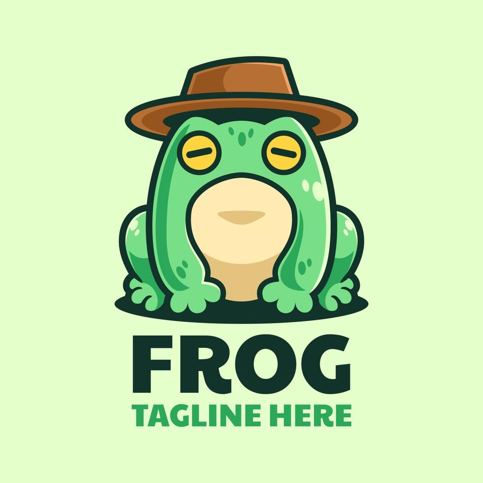 grenouille avec création de logo de dessin animé de chapeau vecteur