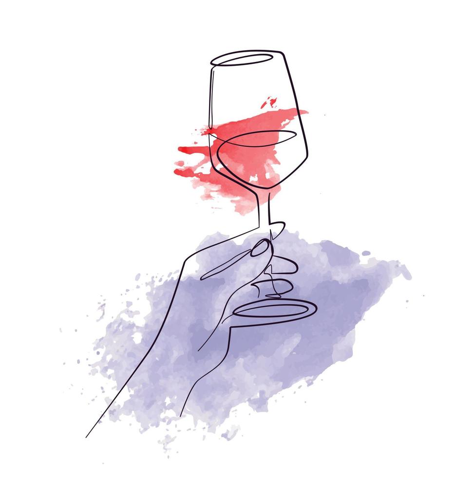 verre de vin dans les mains dessin au trait continu aquarelle peinture violet bleu 14 février saint valentin célébrer carte design logo pub fête restaurant vecteur