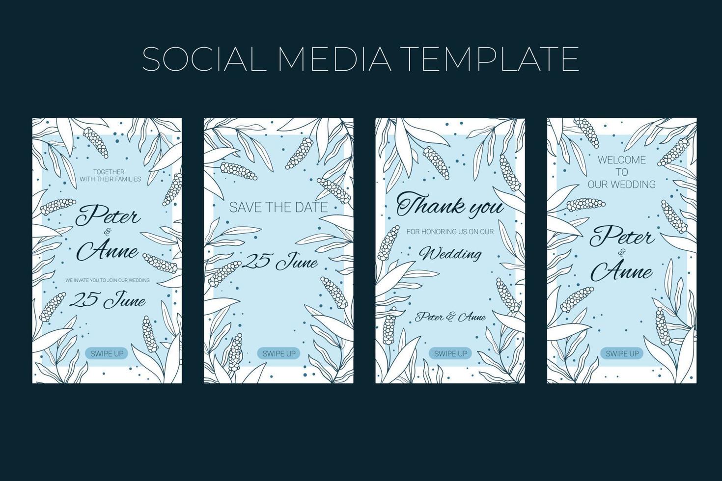 modèle de médias sociaux verticaux de mariage floral dans un style doodle dessiné à la main, conception de cartes d'invitation avec des fleurs et des feuilles de ligne, des points. cadre décoratif de vecteur sur fond blanc et bleu.