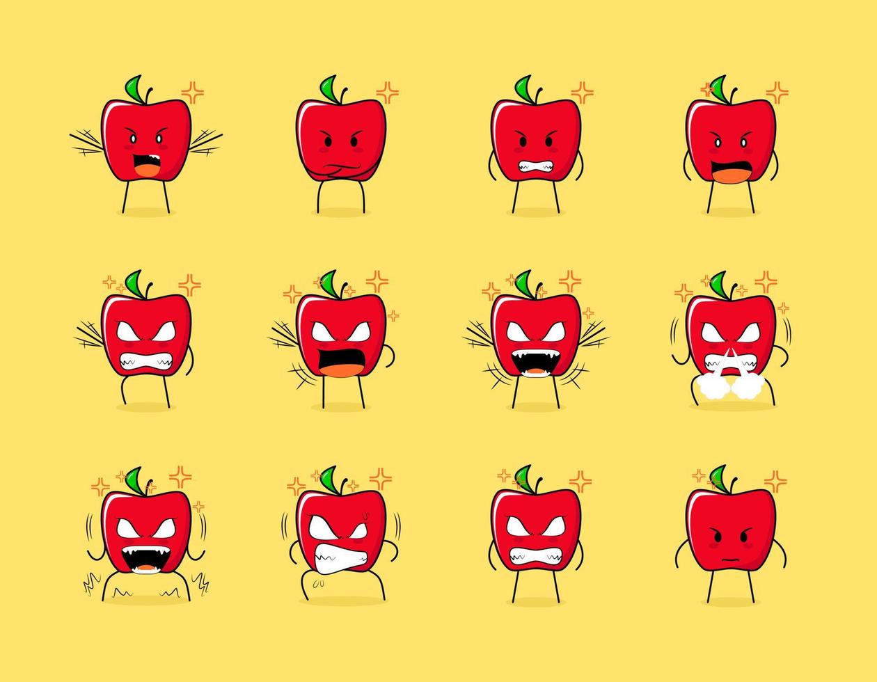 ensemble de personnage mignon pomme rouge avec des expressions en colère. adapté à l'émoticône, au logo, au symbole et à la mascotte vecteur