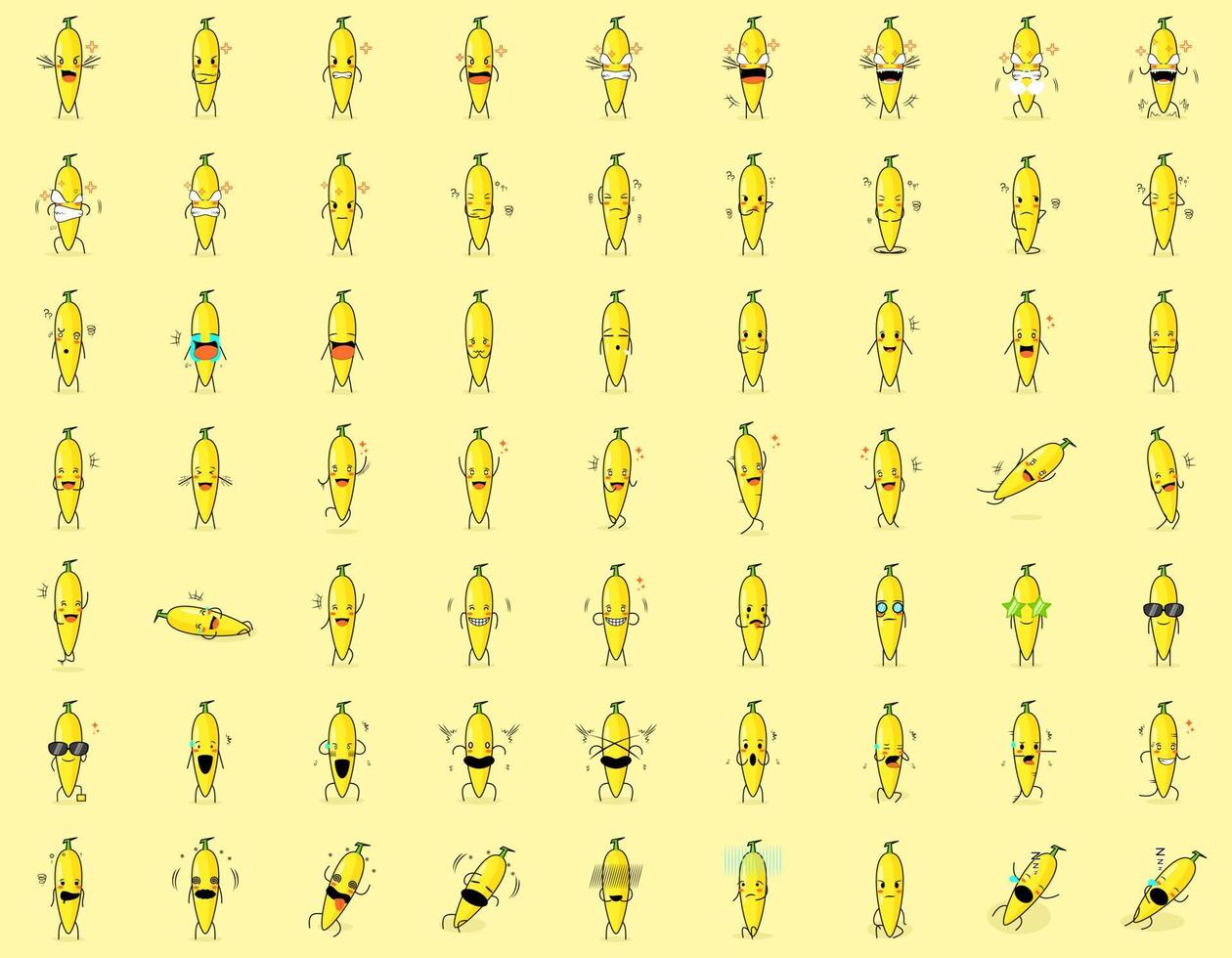 ensemble d'expressions de personnage de dessin animé de banane mignon. expression de colère, pensée, pleurs, triste, confus, plat, heureux, effrayé, choqué, étourdi, désespéré, endormi. adapté à l'émoticône et à la mascotte vecteur