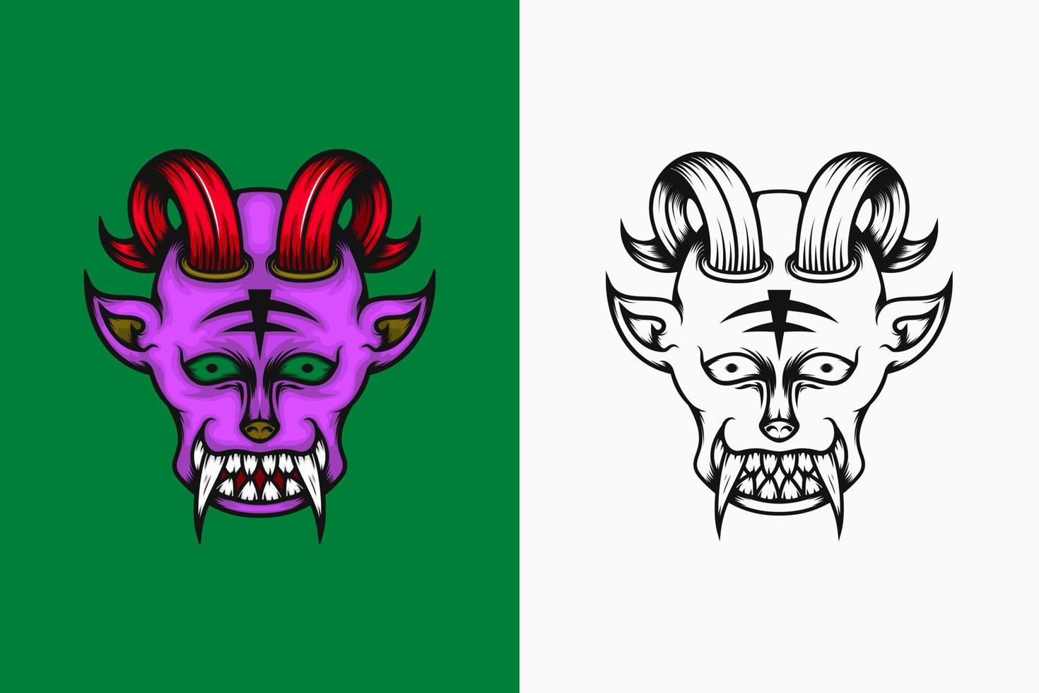 illustration du démon violet aux cornes rouges. couleur et style de dessin au trait. adapté à la conception de mascotte, de logo ou de t-shirt vecteur