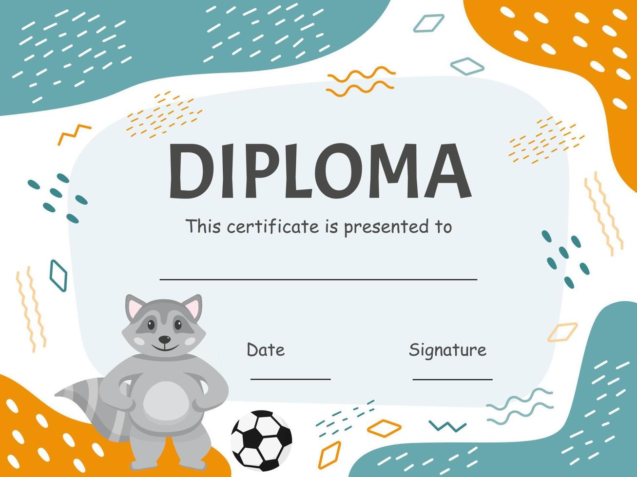 modèle vectoriel de diplôme de joueur de football. conception de bordure de récompense sportive avec un joli raton laveur et un football pour les petits enfants. prix du templete de l'équipe sportive pour les enfants. joueur de football dans l'équipe d'enfants.