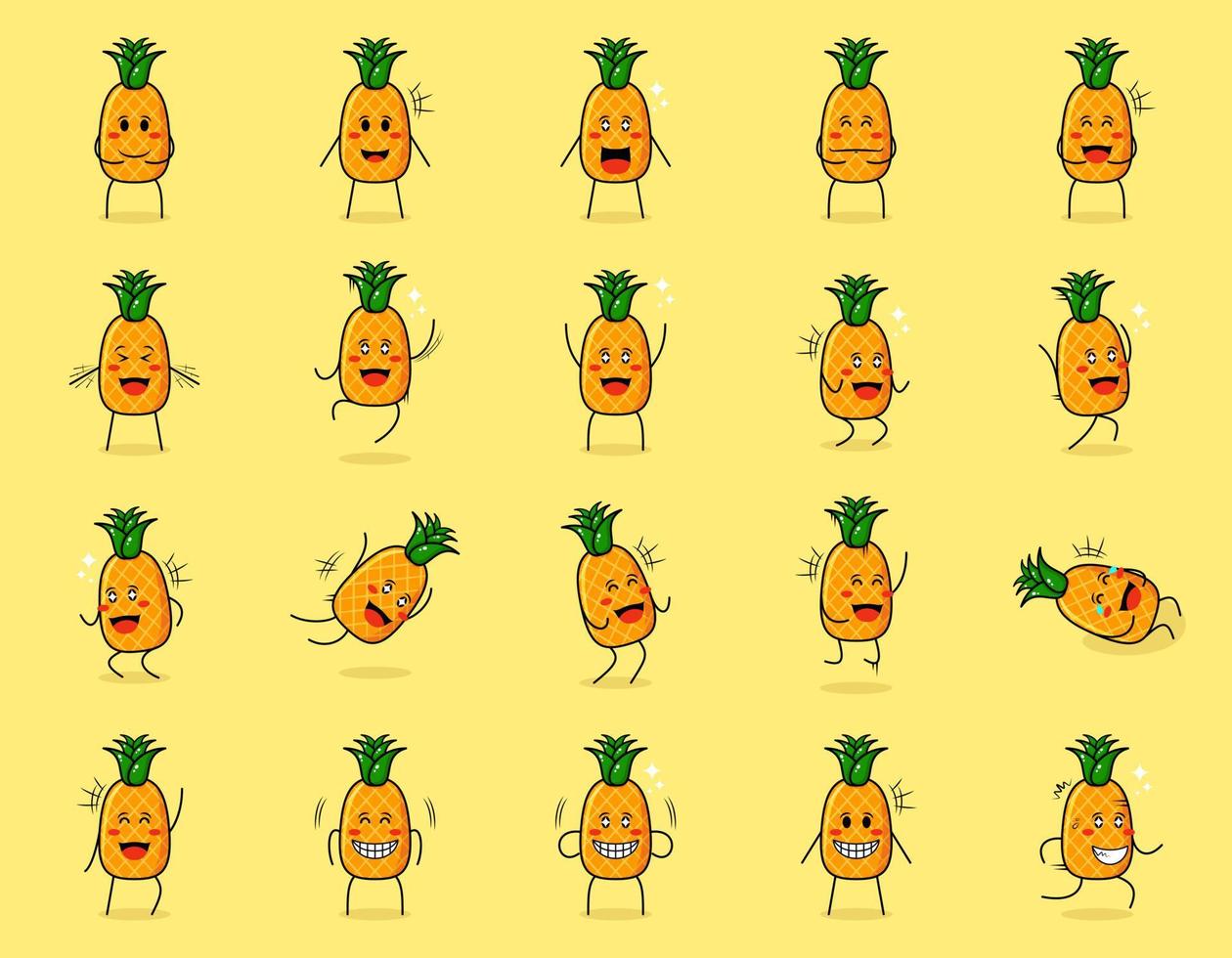 collection de personnage de dessin animé mignon d'ananas avec des expressions heureuses et souriantes. adapté à l'émoticône, au logo, au symbole et à la mascotte vecteur
