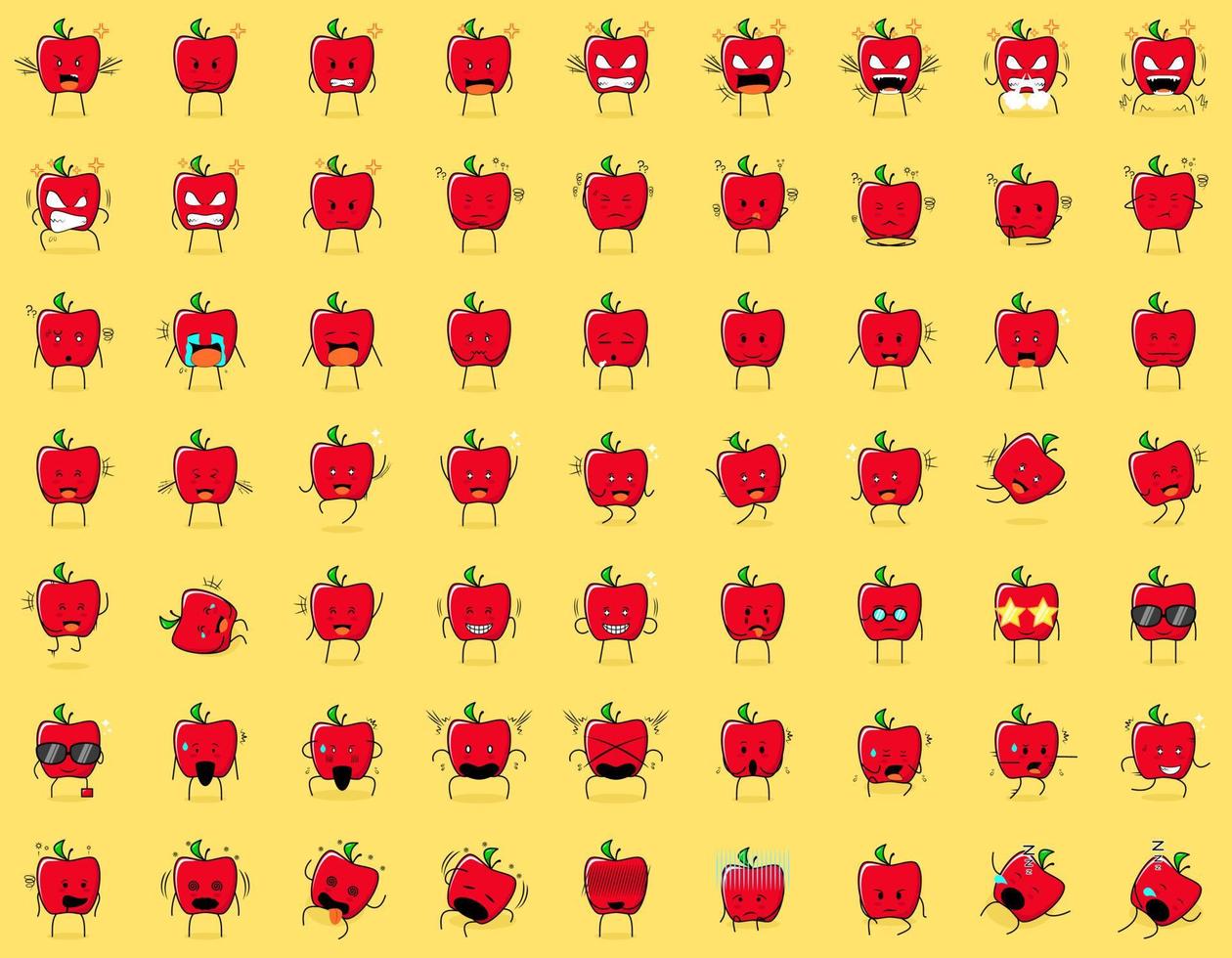 ensemble de personnages mignons de pomme rouge avec une expression de colère, pensant, pleurant, triste, confus, plat, heureux, effrayé, choqué, étourdi, désespéré, endormi. adapté à l'émoticône et à la mascotte vecteur