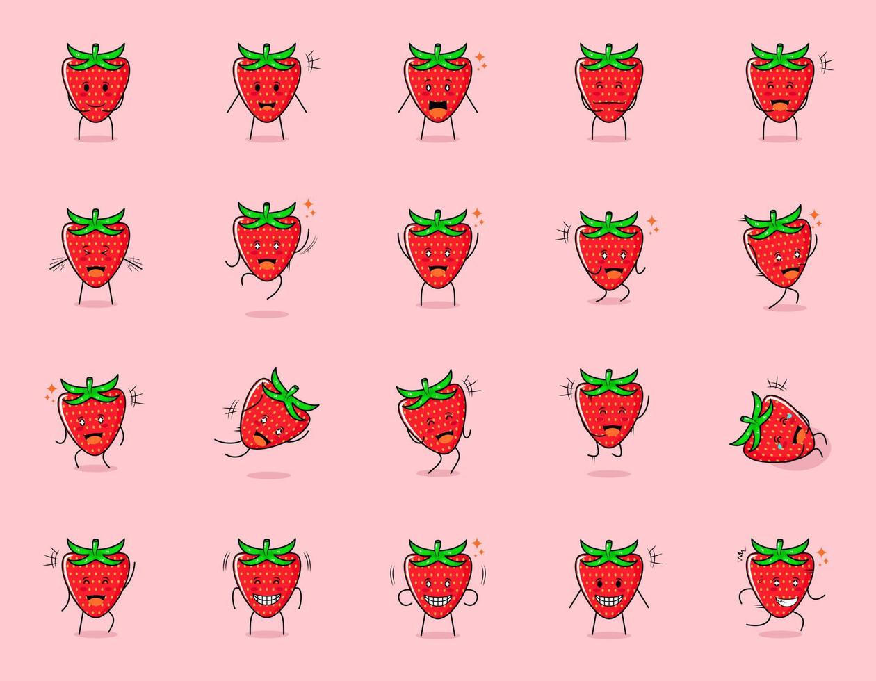 ensemble de personnage de dessin animé mignon aux fraises avec une expression heureuse et souriante. adapté à l'émoticône, au logo, au symbole et à la mascotte vecteur