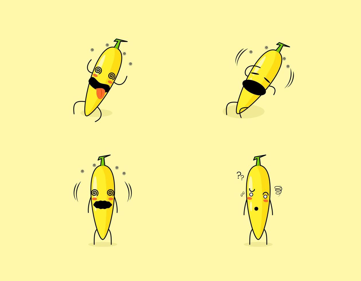 ensemble de personnage de dessin animé mignon de banane avec une expression étourdie. adapté à l'émoticône, au logo, au symbole et à la mascotte vecteur