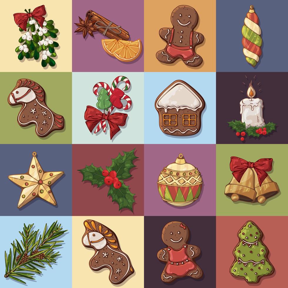 ensemble de symboles de Noël et de bonbons festifs vecteur
