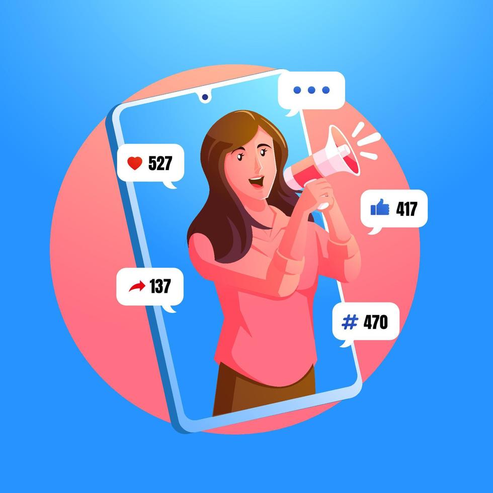 concept de médias sociaux de marketing printdigital avec femme criant avec mégaphone et logo de médias sociaux vecteur