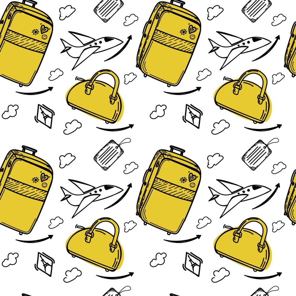 modèle sans couture de différents types de bagages, dessinés à la main dans un style de croquis. illustration vectorielle. grande valise et bagage à main, valise, étiquettes. avion et nuages vecteur