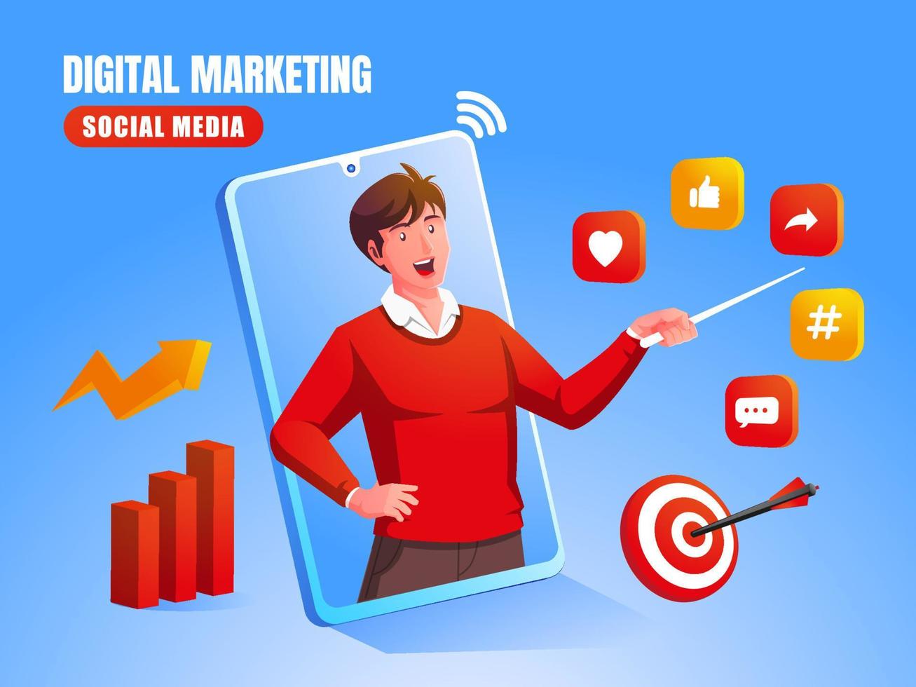 un homme explique le marketing numérique des médias sociaux avec des logos de médias sociaux et des diagrammes graphiques vecteur