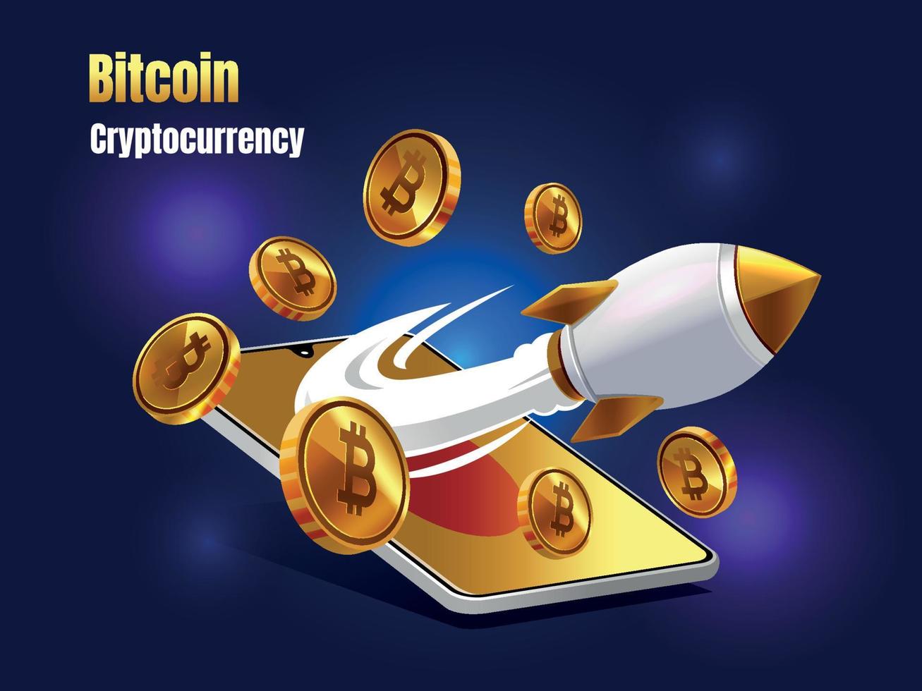 crypto-monnaie bitcoin avec booster de fusée et smartphone vecteur