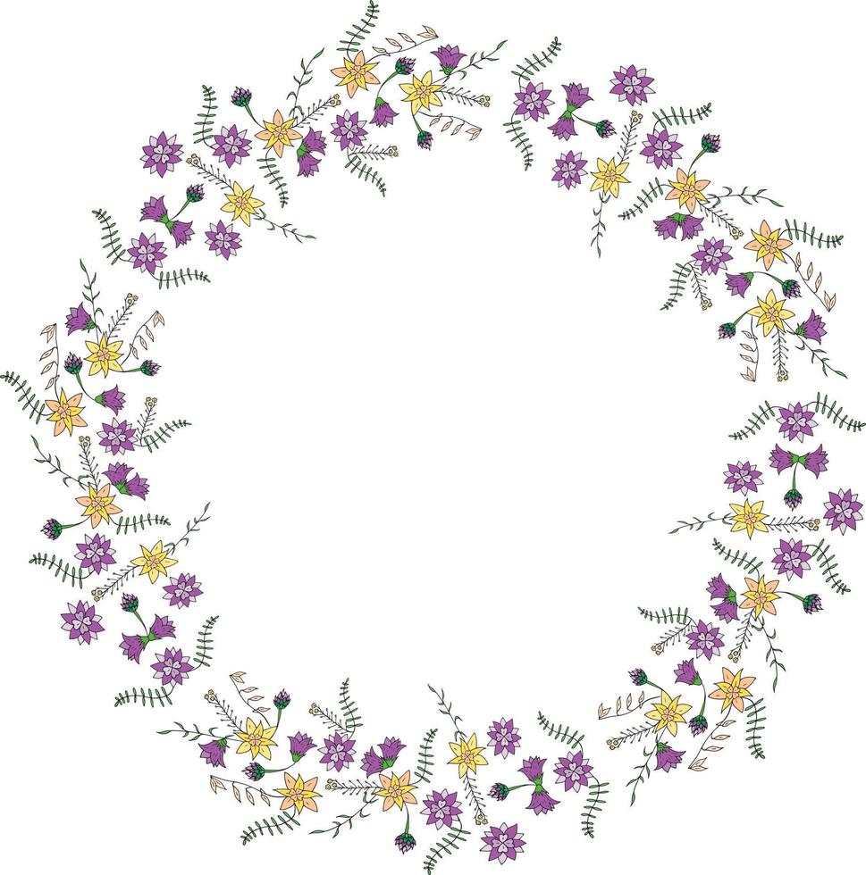 cadre rond fait de fleurs et d'herbes. couronne florale romantique sur fond blanc. cercle floral festif pour votre conception vecteur