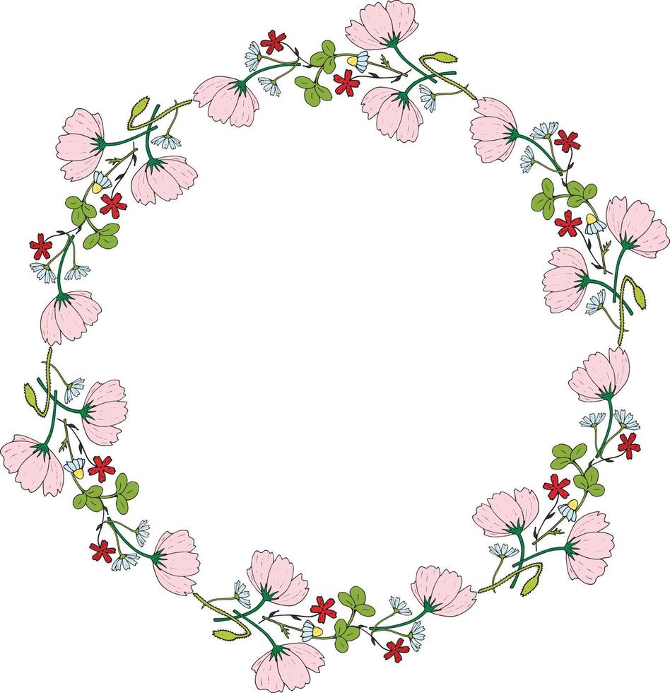 cadre rond en bourgeons de cosmos, de trèfle, de camomille, d'oeillet et de pavot. couronne florale romantique sur fond blanc. cercle floral festif pour votre design - 1 vecteur