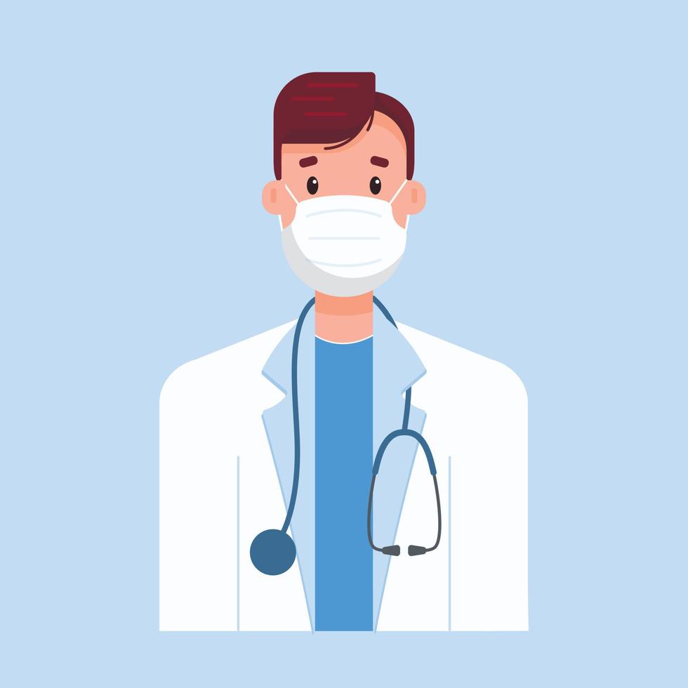 illustration vectorielle à plat d'un homme médecin en blouse blanche avec un masque médical et un stéthoscope sur le cou. nouvelle normalité. vecteur