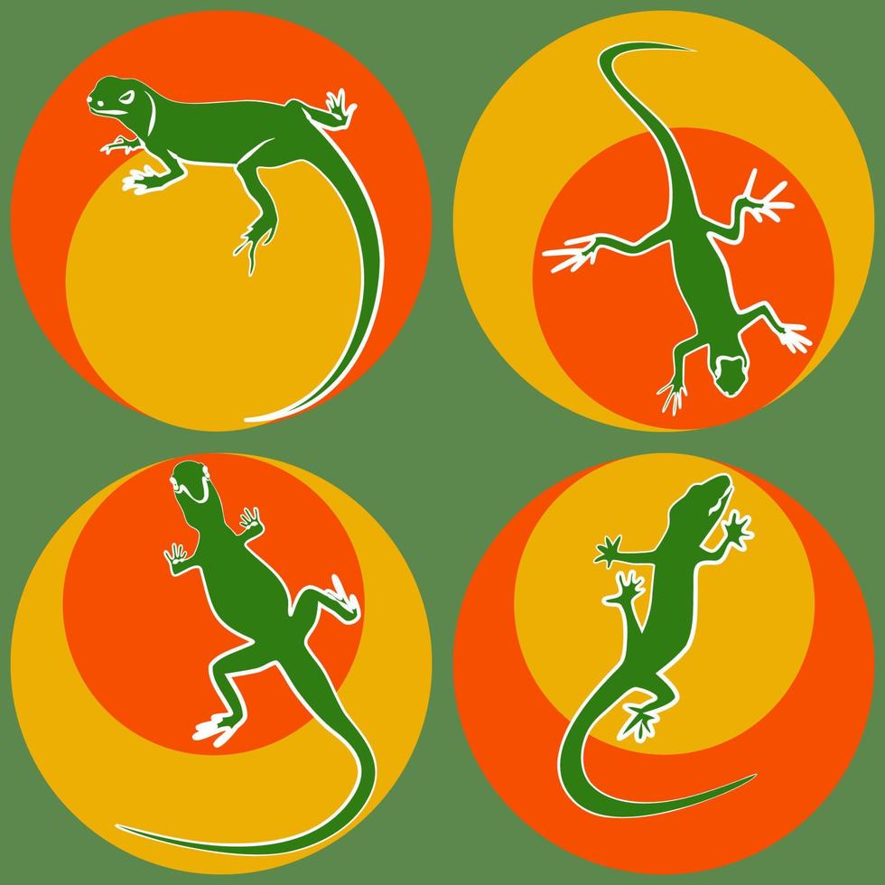 ensemble de silhouette de lézards verts avec contour blanc sur illustration vectorielle de taches lumineuses multicilirées vecteur