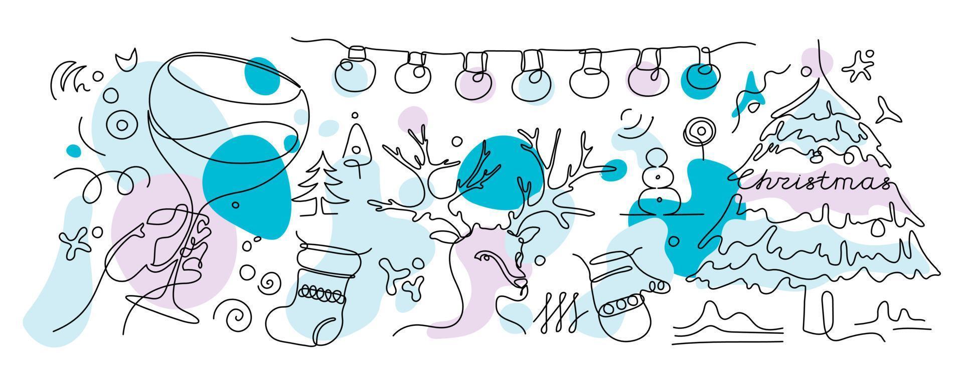 illustration de doodle de chritmas à une seule ligne. dessin de contour d'un cerf, bonhomme de neige, hiver, art vectoriel. vecteur