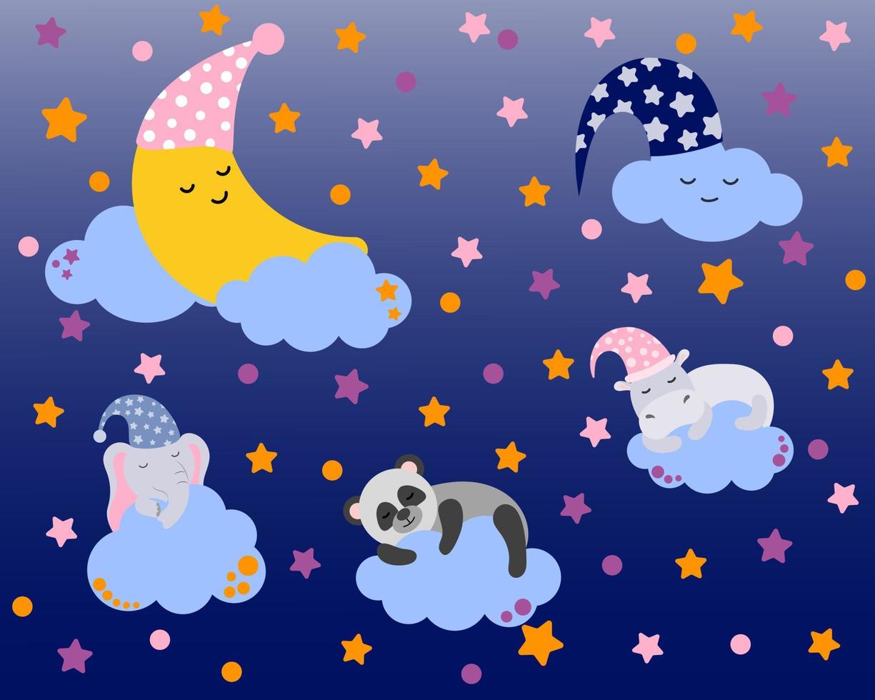 douce lune et bébé éléphant dorment dans les nuages. personnage de dessin animé pour invitation, impression et carte de voeux. thème de la berceuse. arrière-plan pour enfants avec lune, étoiles, nuages. illustration vectorielle vecteur