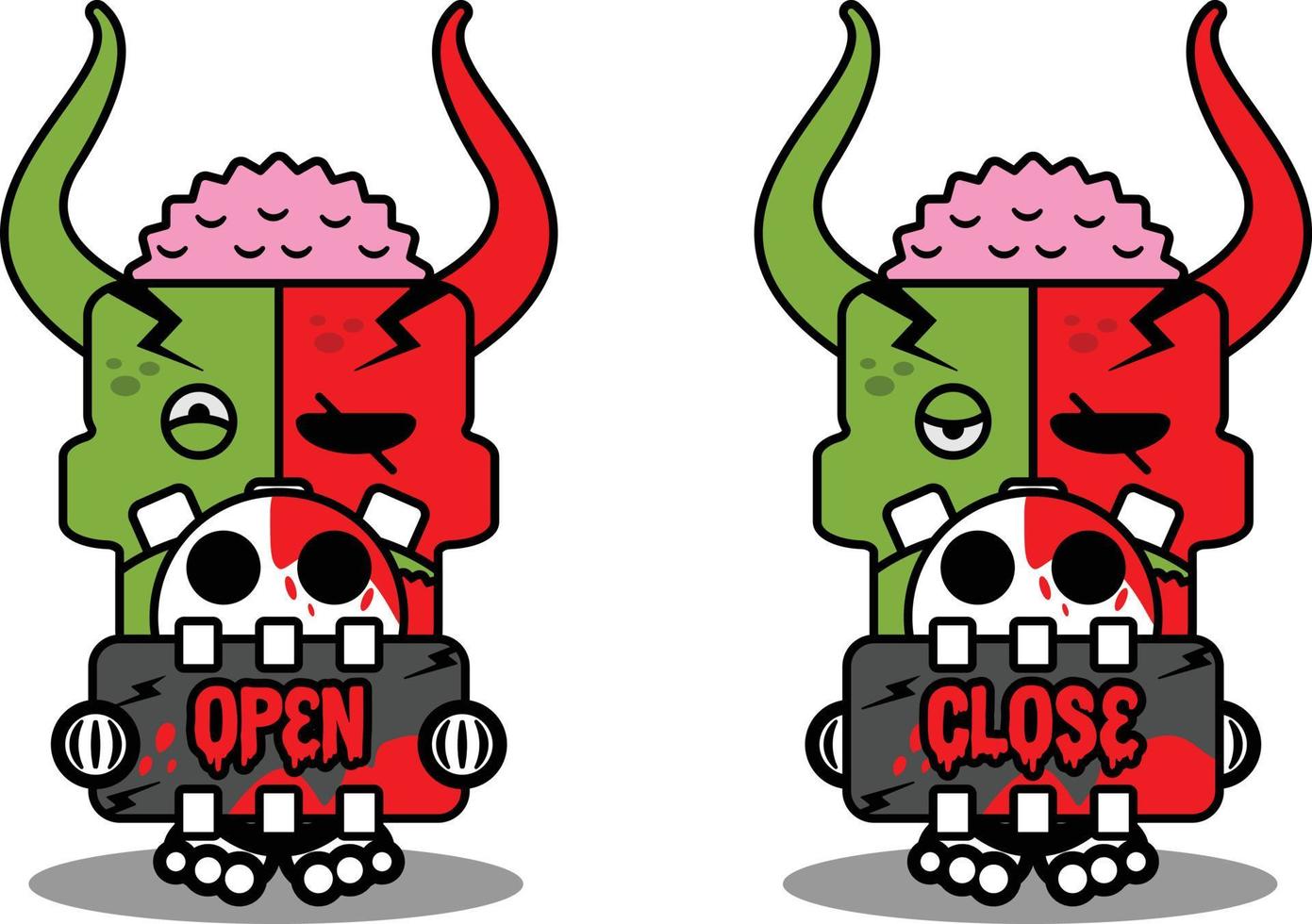 illustration vectorielle de costume de personnage de dessin animé mascotte de démon zombie mignon tenant un panneau fermé ouvert vecteur