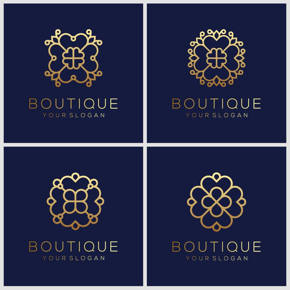 ensemble de modèles de conception de logo d'ornement dans un style linéaire branché avec des fleurs et des feuilles - panneaux en feuille d'or vecteur