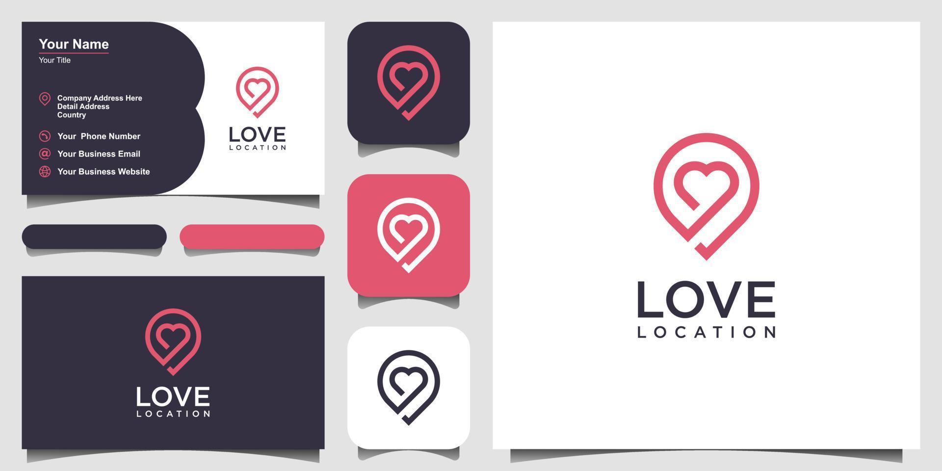 logo de localisation d'amour créatif avec coeur et marqueur de carte. modèle de conception de vecteur et conception de carte de visite