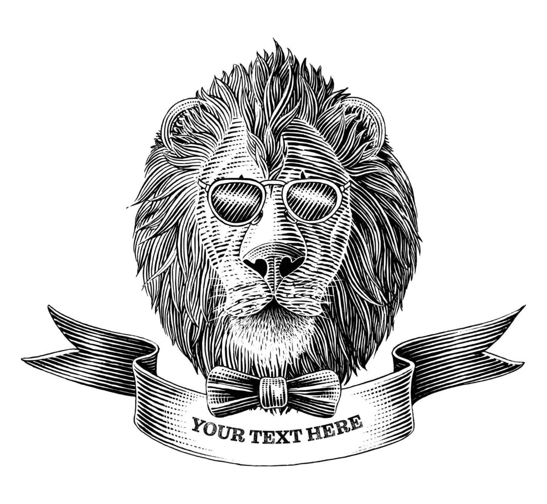 le logo de la tête de lion avec bannière main dessiner vintage gravure illustration noir et blanc clip art isolé sur fond blanc vecteur