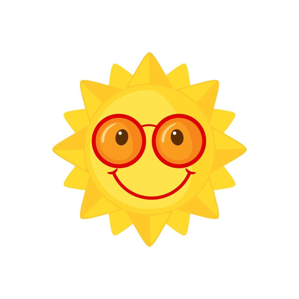 soleil drôle avec icône de lunettes de soleil dans un style plat isolé sur fond blanc. soleil de dessin animé souriant. illustration vectorielle. vecteur