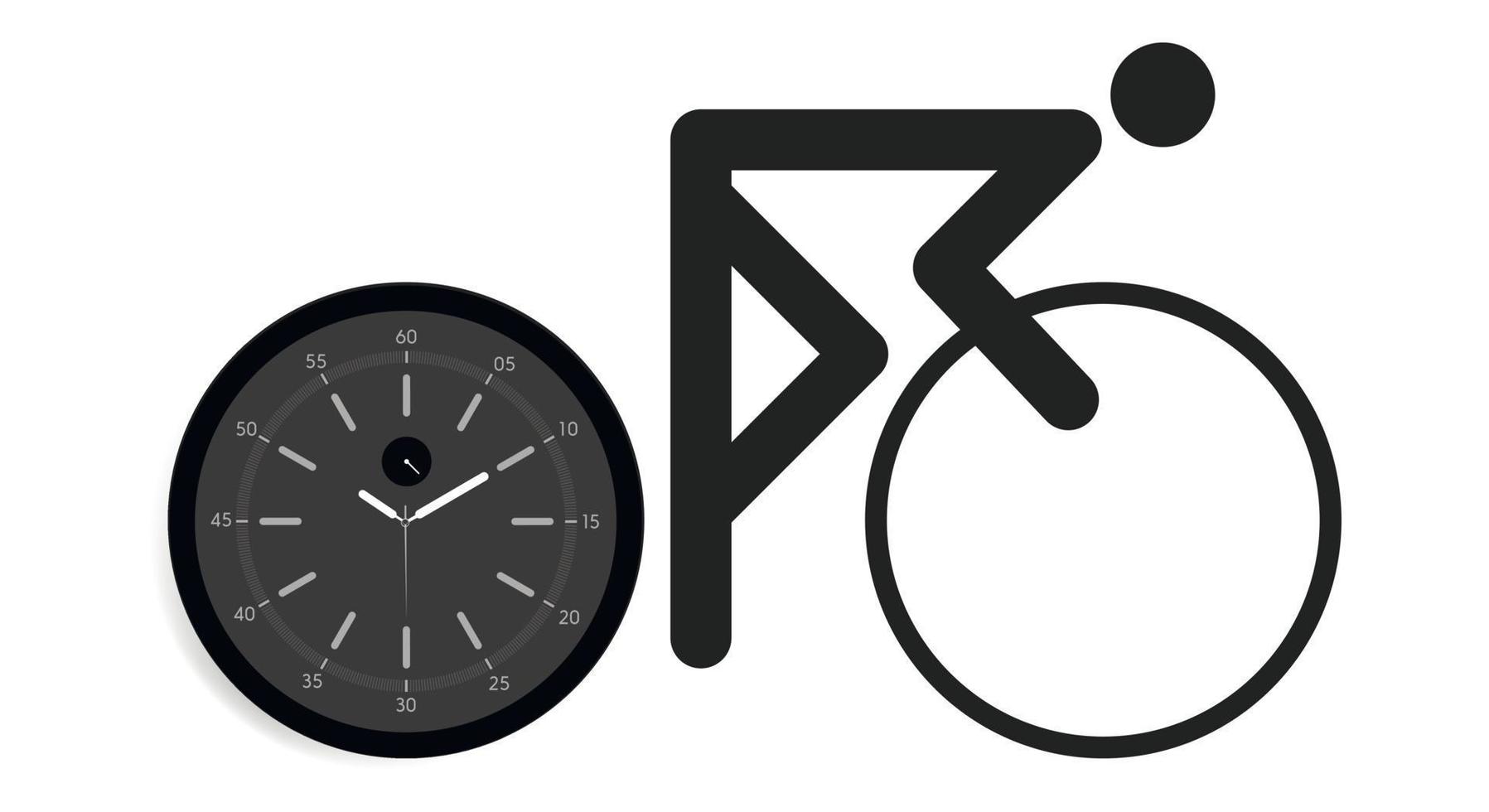 concept de démarrage. cycliste sur un vélo avec une roue dans une horloge avec un cadran et des aiguilles. espace de copie. illustration vectorielle vecteur