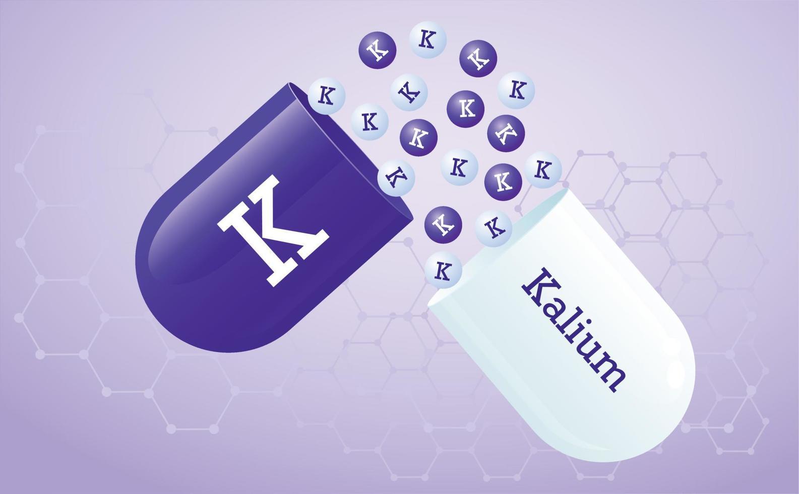 supplément de minéraux et de vitamines kalium pour la santé. capsule avec l'icône de l'élément k, symbole d'aliments sains. minéraux médicaux. fond médical grille en nid d'abeille d'hexagones en bleu. vecteur