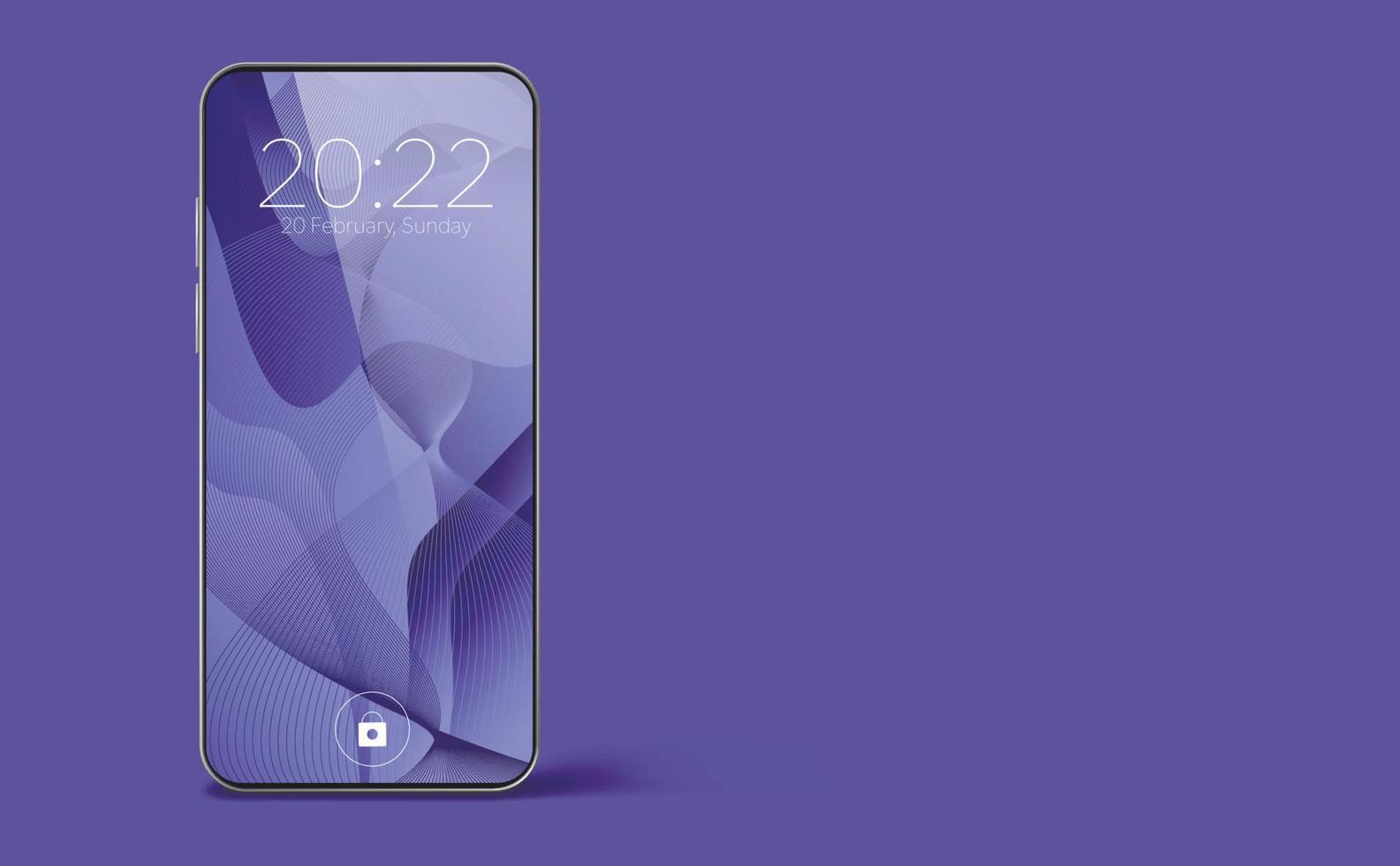 smartphone réaliste est placé verticalement, avec un motif sur l'écran indiquant l'heure de 20 heures 22 minutes sur un fond violet tendance dans le style très péri. espace de copie. vecteur